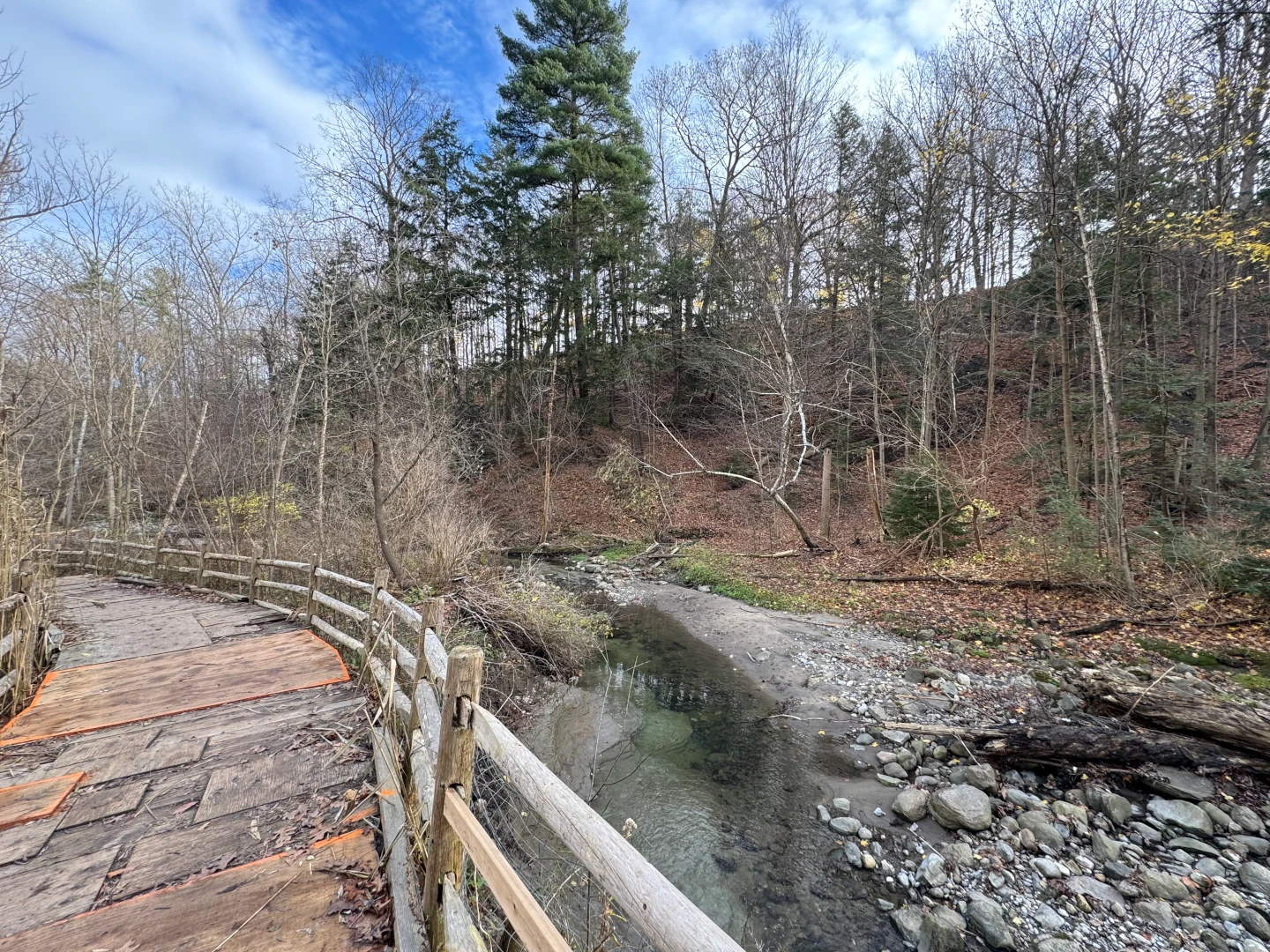Wooden boardwalk on the banks of a creek lined with bare trees in the fall